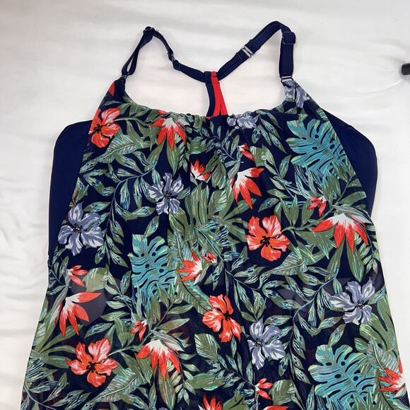 Cacique Swim Tankini Plus Size 22W Navy Floral Racerback Tank Skort Ruching Pool - Picture 2 of 15